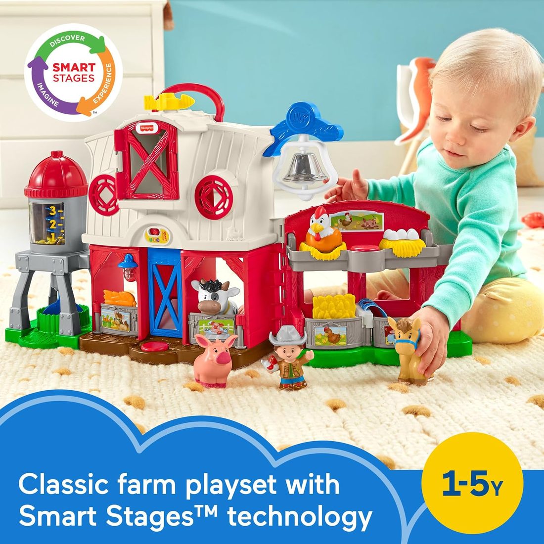 Child playing with the Little People Caring for Animals Farm